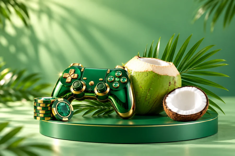 An emerald game controller, gaming chips and fresh coconuts on a green pedestal