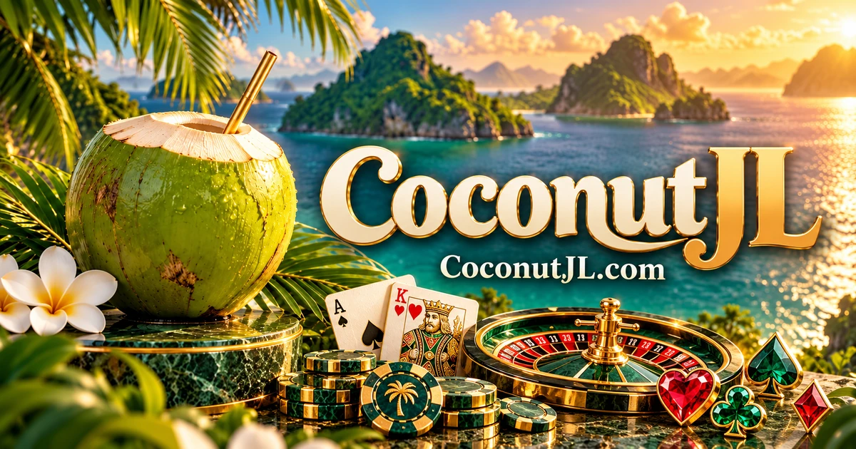 CoconutJL and CoconutJL.com with tropical coconut, roulette, cards and gaming chips